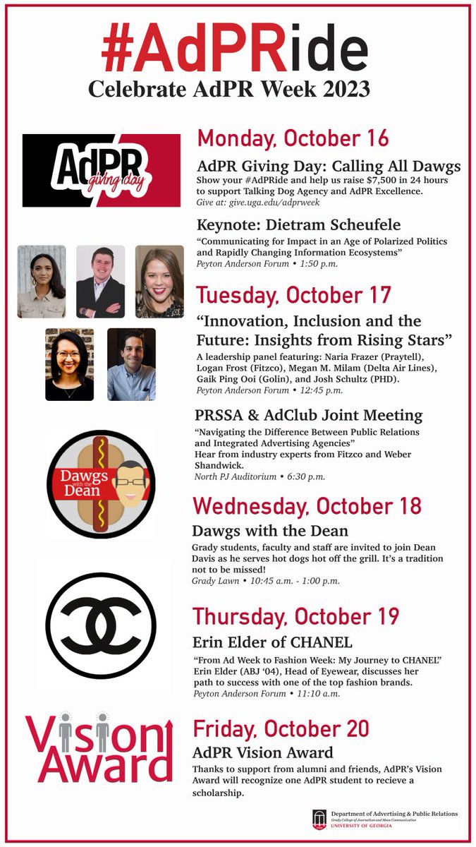 UGAGrady's tweet image. .@AdPR_UGA will celebrate its ninth annual AdPR Week on Oct. 16-20. AdPR Week will feature an impressive  lineup of programming and events, giving students opportunities to network and learn from industry professionals and alumni.

t.uga.edu/9sR

Full schedule 🔽