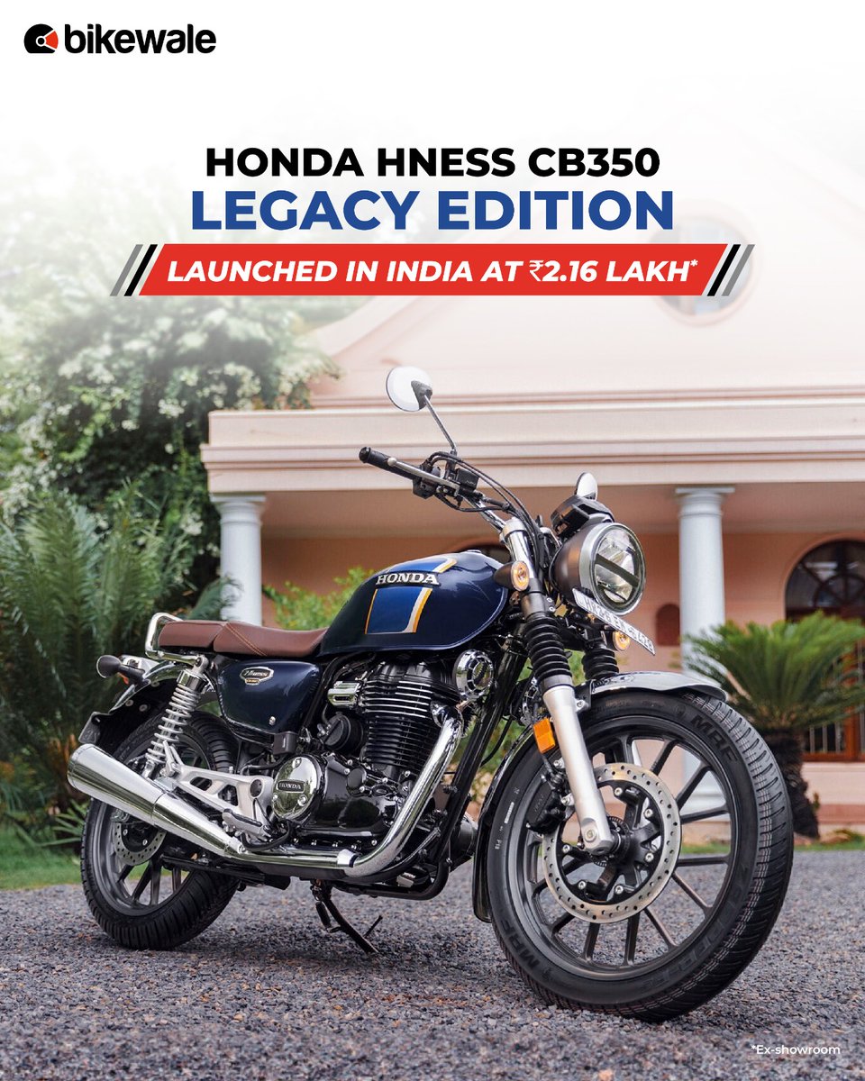 BikeWale's tweet image. #Honda has launched the new #LegacyEdition of #HnessCB350 neo-retro offering. This iteration is visually different from other variants and is priced at Rs 2.16 lakh (ex-showroom, Delhi).
Read more: bit.ly/3ZPWETR 

#BWlaunch