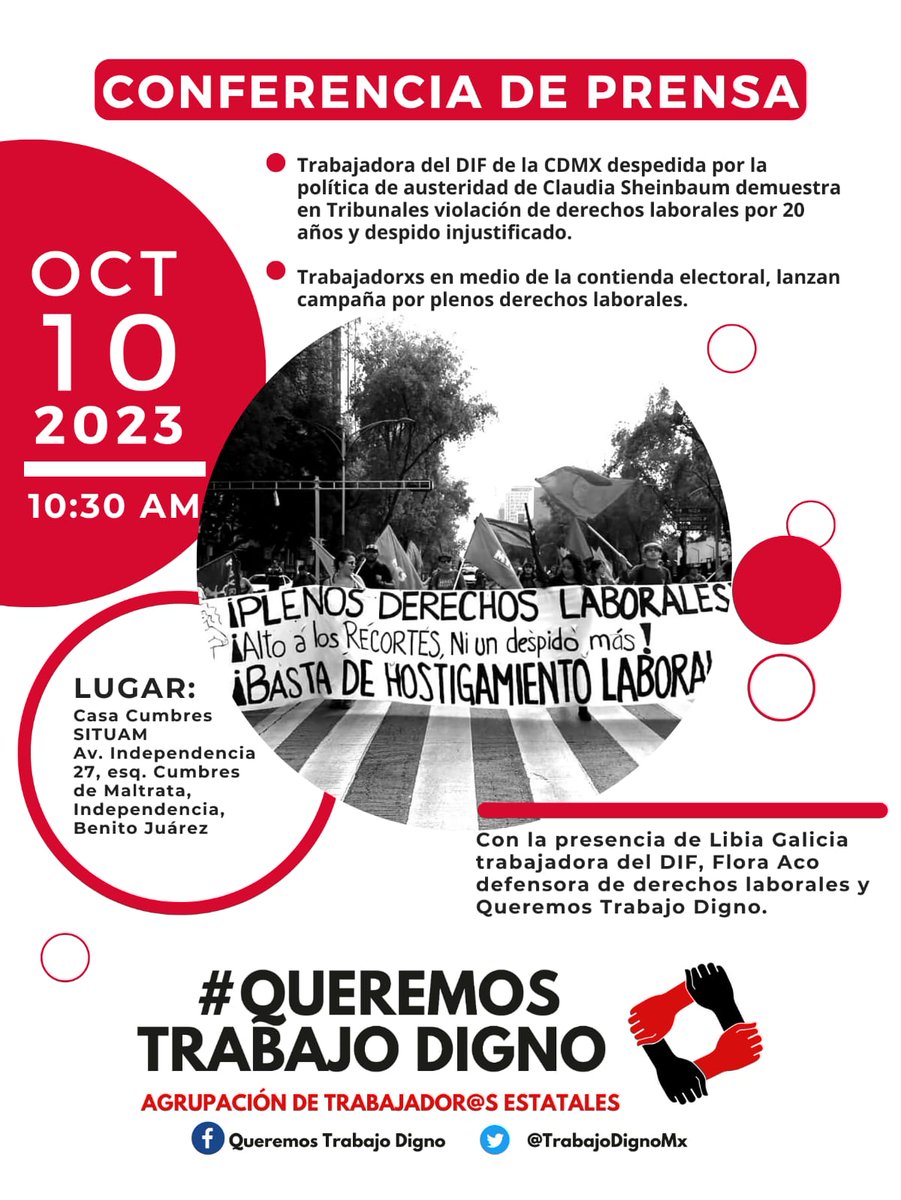 TrabajoDignoMX's tweet photo. Conferencia de prensa 10 de octubre, 10:30 horas, en la Casa Cumbres SITUAM, Av. Independencia 27, Esq. Cumbres de Maltrata, Independencia, Benito Juárez.
#QueremosTrabajoDigno
#precarizacion #salarios #derechoslaborales #Dif
@difcdmx @gobiernocdmx https://t.co/85H5xa6BCy