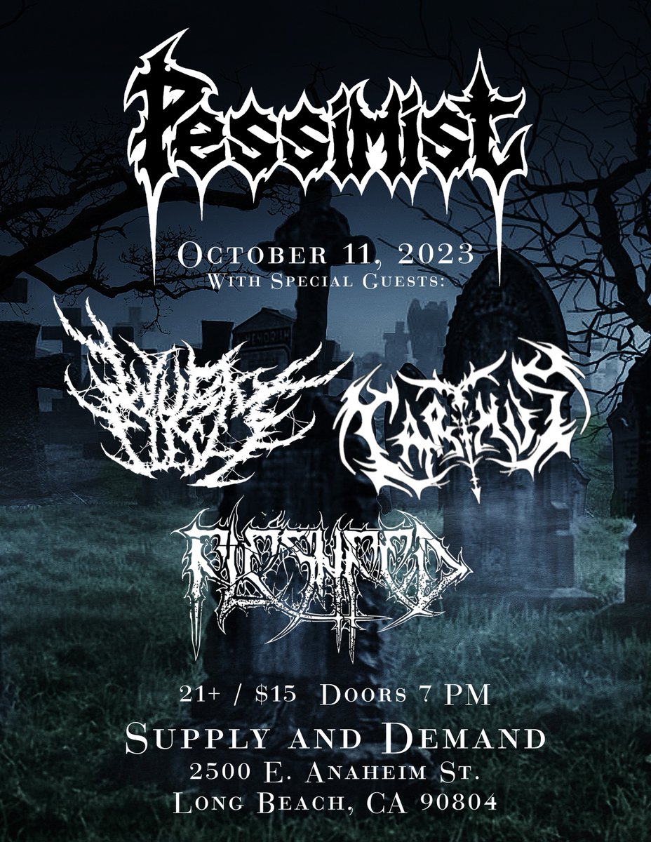 SeasonofMist's tweet photo. @pessimistcult are debuting new songs from their upcoming album at shows around their home state of California.
Don't miss the blackened death metal veterans tomorrow night when they headline Supply and Demand in Long Beach.
#pessimist #keystotheunderworld #longbeach #metal https://t.co/VZseizmLNF