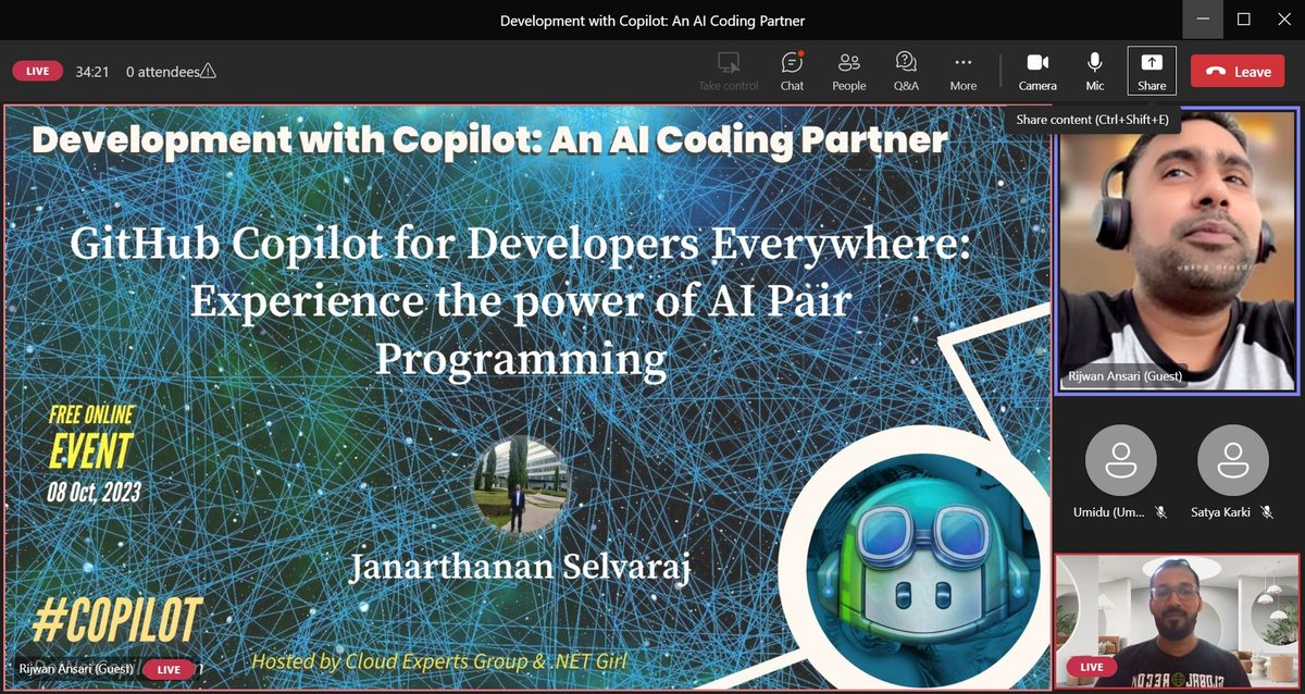 jana_selvaraj's tweet image. 🎉 Had a Electrifying and powerful one❤️ at the 𝐃𝐞𝐯𝐞𝐥𝐨𝐩𝐦𝐞𝐧𝐭 𝐰𝐢𝐭𝐡 𝐂𝐨𝐩𝐢𝐥𝐨𝐭: 𝐀𝐧 𝐀𝐈 𝐂𝐨𝐝𝐢𝐧𝐠 𝐏𝐚𝐫𝐭𝐧𝐞𝐫 event 🚀 ✨ organized by Cloud Experts Group and .NET Girl.
Thank you so much @rijsat @SatyaKarki 
 #githubcopilot #aipairprogrammer #GenAI