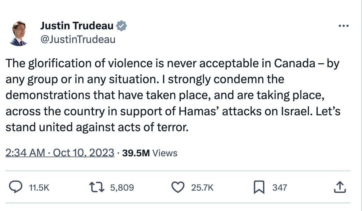Chellaney's tweet photo. Trudeau's blatant hypocrisy with few parallels:

* Defended Indian farmers' right to blockade highways but declared national emergency in Canada to quash peaceful blockades.

* Called ordinary Canadian protesters Nazis and later honored a real Nazi.

* Allowed Canadian Sikh militants to erect billboards advocating the killing of Indian diplomats and stage a parade float on which Indira Gandhi's assassination was re-enacted. But now deplores Canadian Islamists celebrating Hamas's terror offensive.
