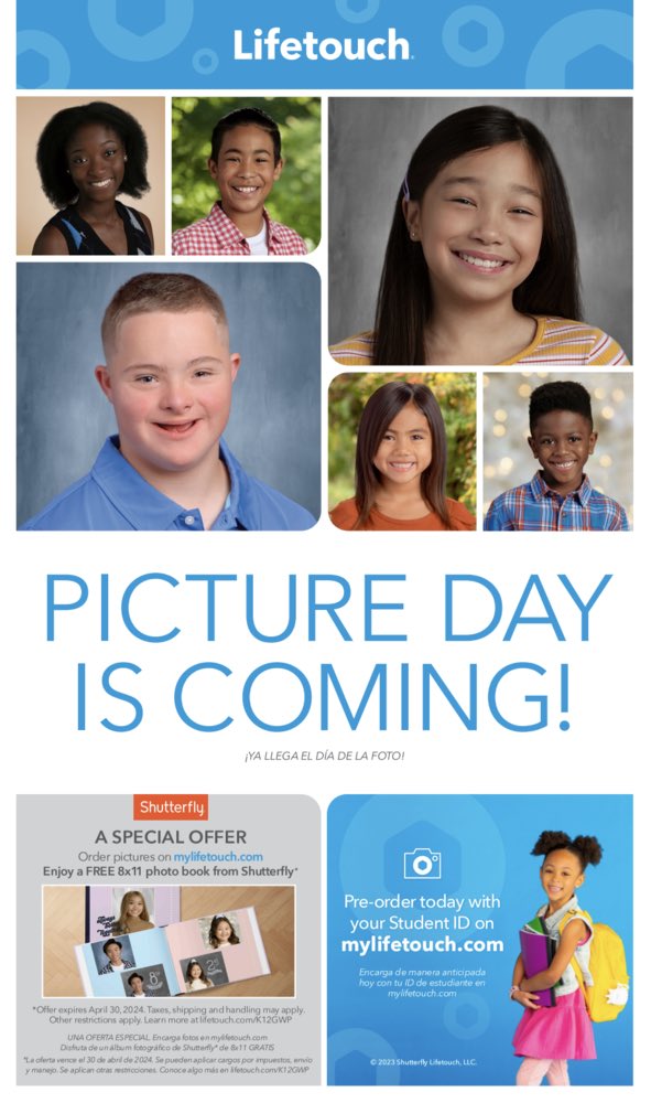 📸Picture Day will be October 25th and 26th

📸School uniforms required   

📸Check with your child’s teacher for your date 

📸Retakes will be November 29th