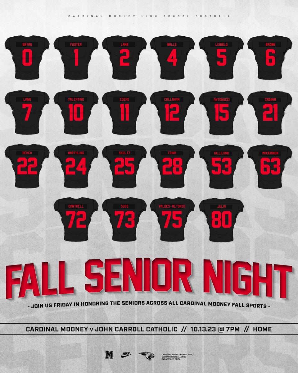 Join us this Friday in honoring the seniors across all fall sports at Cardinal Mooney‼️ 7pm Kickoff @ Home vs John Carroll Catholic