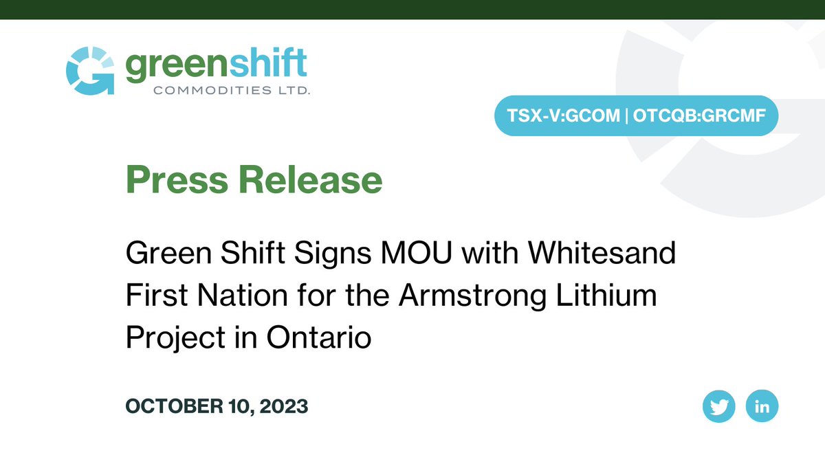 greenshiftcom's tweet photo. News Alert! 🚨

Green Shift Signs MOU with Whitesand First Nation for the Armstrong Lithium Project in Ontario

https://t.co/eQkJUaIcxl

$GCOM $GRCMF
#News #NewsRelease #Mining #Investing #Lithium #EV #BatteryMetals https://t.co/Xolpyb9Ol7