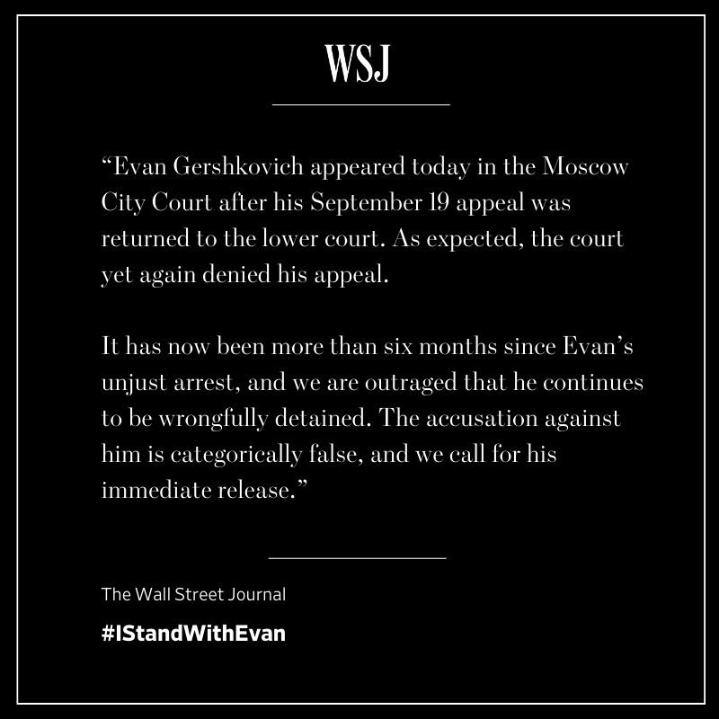 WSJ Communications (@wsjpr) on Twitter photo "It has now been more than six months since Evan’s unjust arrest, and we are outraged that he continues to be wrongfully detained." Read the full statement from <a href="/WSJ/">The Wall Street Journal</a> on reporter Evan Gershkovich following today's hearing #IStandWithEvan dowjones.com/press-room/oct… "It has now been more than six months since Evan’s unjust arrest, and we are outraged that he continues to be wrongfully detained." Read the full statement from <a href="/WSJ/">The Wall Street Journal</a> on reporter Evan Gershkovich following today's hearing #IStandWithEvan dowjones.com/press-room/oct…