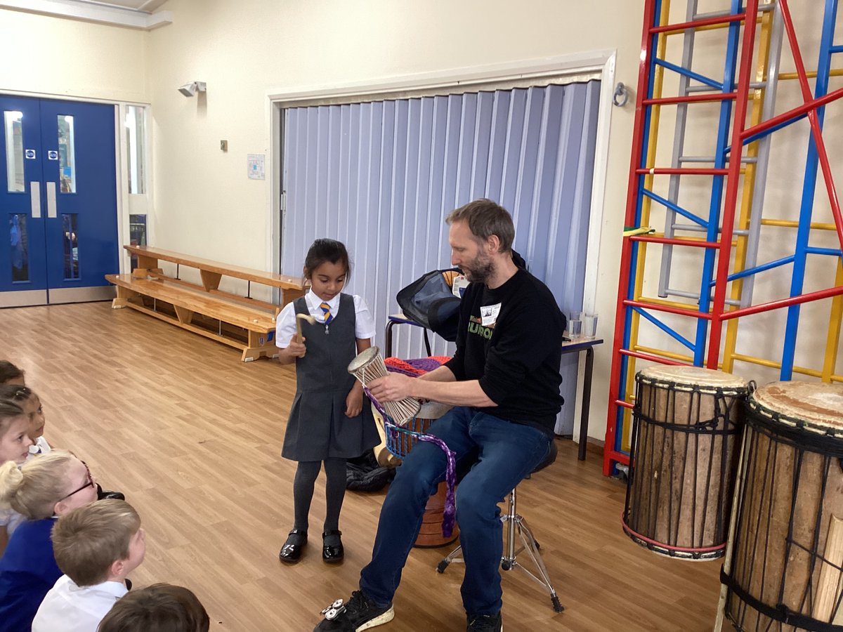 JamesBrindleyPS's tweet photo. In their session with @Drumroots this morning, Year 2 took a moment to catch their breath after all their dancing and drumming to explore a range of African musical instruments #bangitslapitshakeit https://t.co/am5dThk5r1