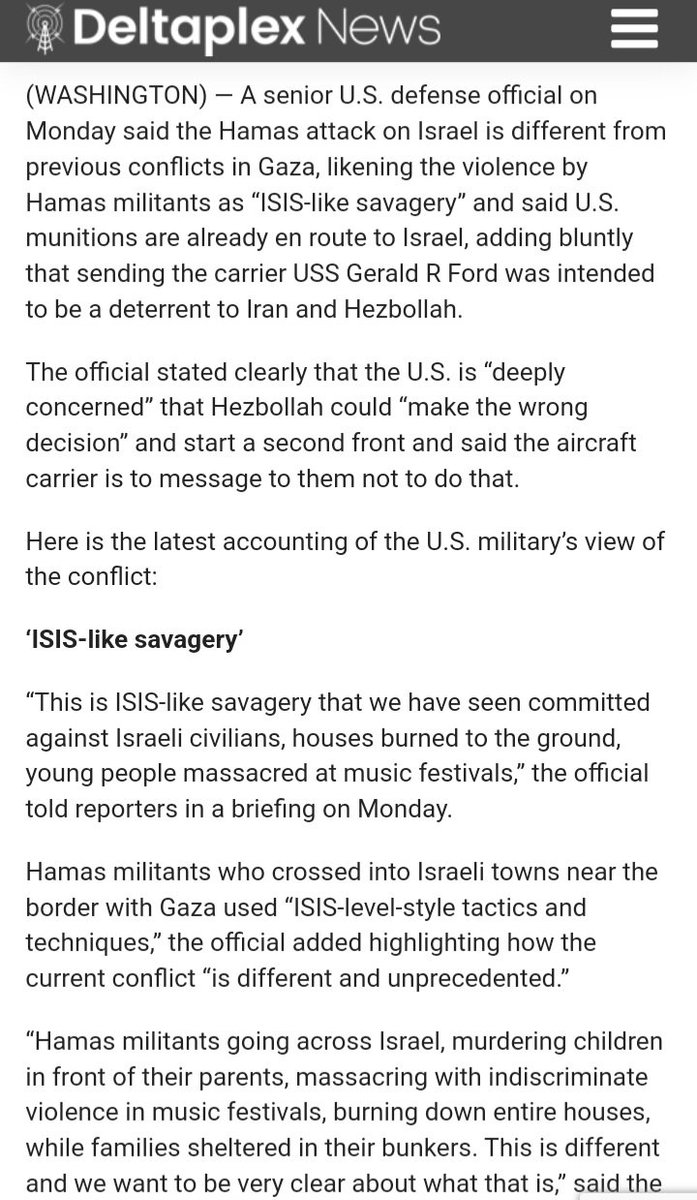 Oceanworldfree's tweet photo. ⚫Hamas’s “IslamicState-style tactics &amp; techniques” -unlike previous #Gaza conflicts
  ⚫The rapid deployment of #CSG12 and add'l F35/F15 shows the decisive determination and willingness of US to respond to the crisis, warning #Iran &amp; #Hezbollah &amp; any other proxies in the region. https://t.co/FDUUFrtIib