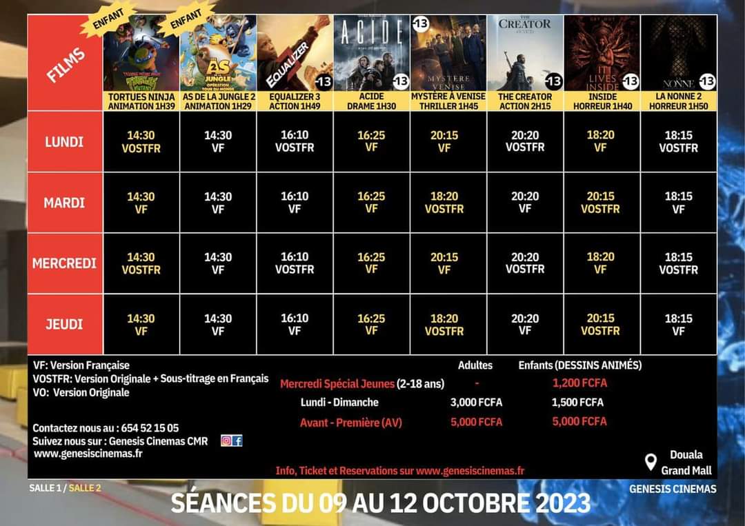 Ledawa's tweet photo. PROGRAMME CINÉMA DE LA SEMAINE
#CANALOLYMPIABESSENGUE
#CANALOLYMPIAYAOUNDE1
#CINEMAEDEN
#GENESISCINEMAS
#DOPE #DCLP #YCLM
#DOUALACESTLAPUISSANCE
#YAOUNDECESTLAMAGIE https://t.co/oYbwF4brzY