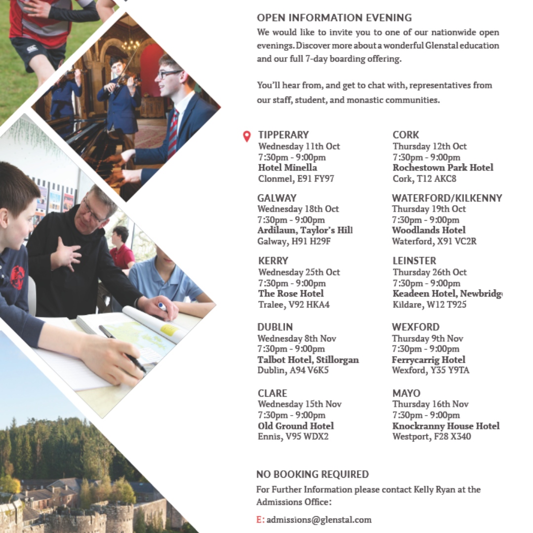 GlenstalSchool's tweet photo. Our first Information Evening for prospective parents takes place this Wednesday in Clonmel, followed by 9 further venues around the country during October/November. Join us at your local meeting to find out more about boarding at Glenstal Abbey School. No booking required. https://t.co/G0u4YzfSVB