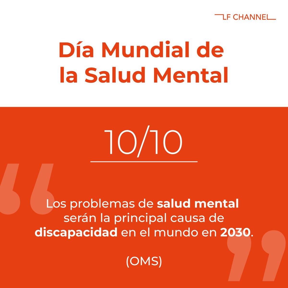 LFChannel's tweet photo. ⚠️ ¿Sabías que, según la Organización Mundial de la Salud #OMS, 3 de cada 10 personas sufrirán algún trastorno mental a lo largo de su vida? Hoy, en el #DíadelaSaludMental, desde #LFChannel queremos compartir algunas cifras que no nos permiten mirar hacia otro lado 🤯 https://t.co/dOZDKXKREx