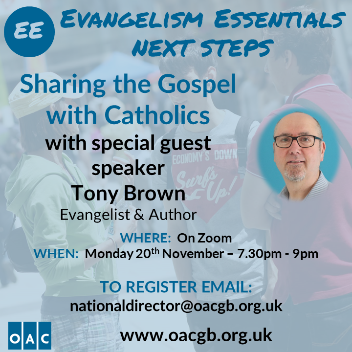 oacgb's tweet photo. IN ONE MONTH!
Would you like to be more confident in sharing the gospel with Catholics?

Then sign up for our FREE Next Steps training led by Evangelist, Tony Brown, to find out how. https://t.co/Mbt7Ag6qid