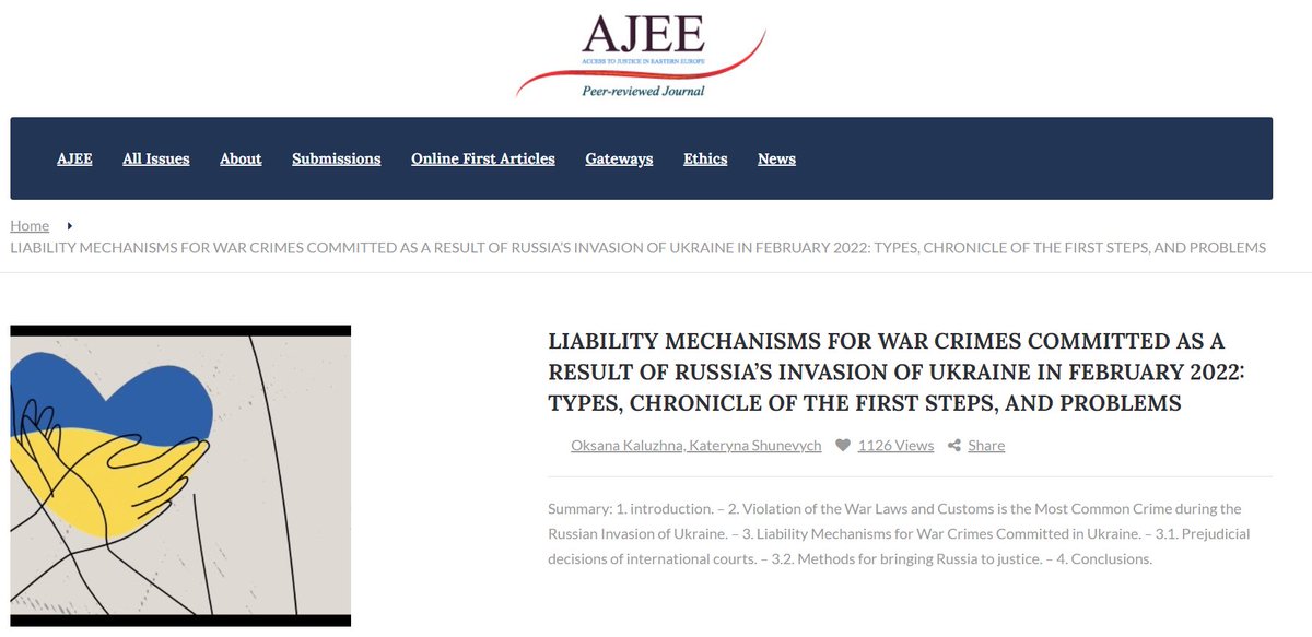 ajee_journal's tweet photo. Ukrainian judiciary displays resilience in prosecuting war crimes since Russia's invasion in Feb 2022. Article covers key mechanisms: International Criminal Court, ad hoc tribunal, ECHR, and national systems. Authors evaluate merits and suggest reforms for a stronger justice👇 https://t.co/h4SRZAlawX