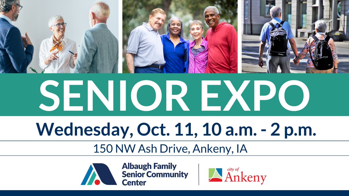 CityOfAnkeny's tweet photo. Tomorrow! Join us for the Ankeny Senior Expo, Oct. 11, 10 AM-2 PM! 
Albaugh Community Center (150 NW Ash Drive) Learn about health &amp; educational services, housing, transportation, leisure activities &amp; other resources to seniors. Free &amp; open to the public. https://t.co/XB39t8V2QA https://t.co/2IDKSi69Cc