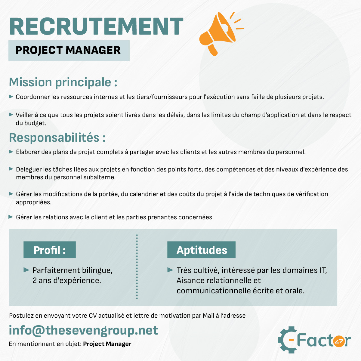📷 OFFRE D'EMPLOI : Rejoignez notre équipe en tant que Project Manager !

Postulez en envoyant votre CV et lettre de motivation à l'adresse suivante 📷 info@thesevengroup.net

#recrutement #emploi #projectmanager #offredemploi