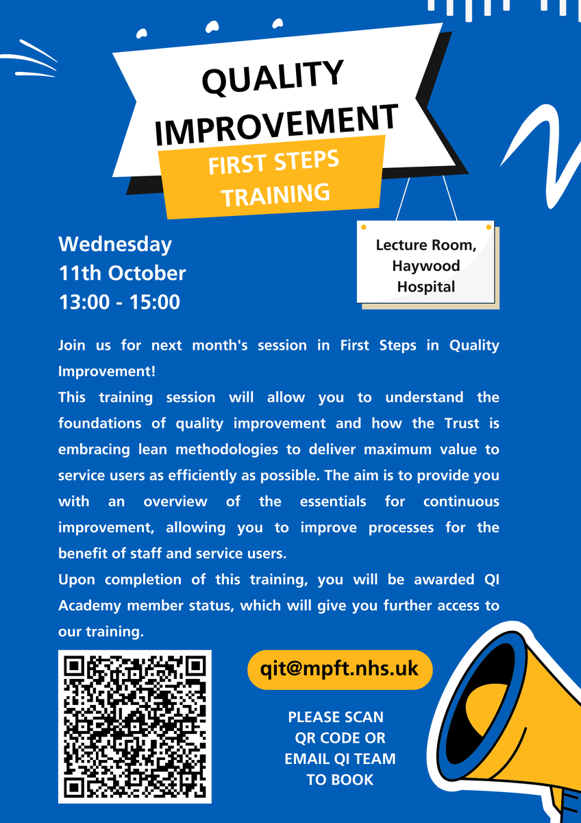 QITeamMPFT's tweet photo. Tomorrow is the in-person First Steps Training session at Haywood Hospital. 

Please email qit@mpft.nhs.uk to book your place if you haven't already! https://t.co/Sm8j772rWH