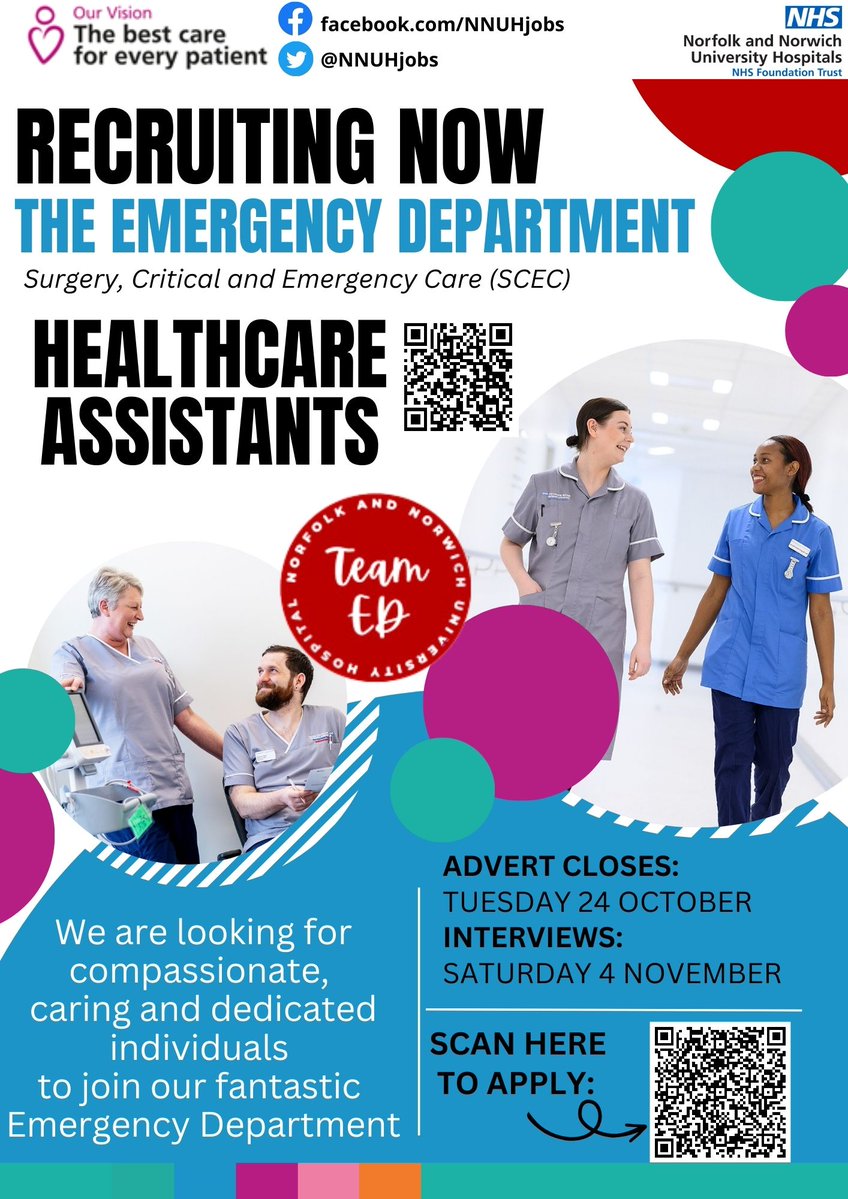 Norfolk and Norwich University Hospital Jobs (@nnuhjobs) on Twitter photo Looking for a chance to join the NHS?
Want to work with our amazing team in the Emergency Department at <a href="/NNUH/">Norfolk and Norwich University Hospitals</a>?
We are looking for dedicated, caring, hard-working people to join us as a Healthcare Assistant in <a href="/EDNNUH/">ED NNUH</a>!
follow the link for more info
healthjobsuk.com/job/v5725827 Looking for a chance to join the NHS?
Want to work with our amazing team in the Emergency Department at <a href="/NNUH/">Norfolk and Norwich University Hospitals</a>?
We are looking for dedicated, caring, hard-working people to join us as a Healthcare Assistant in <a href="/EDNNUH/">ED NNUH</a>!
follow the link for more info
healthjobsuk.com/job/v5725827
