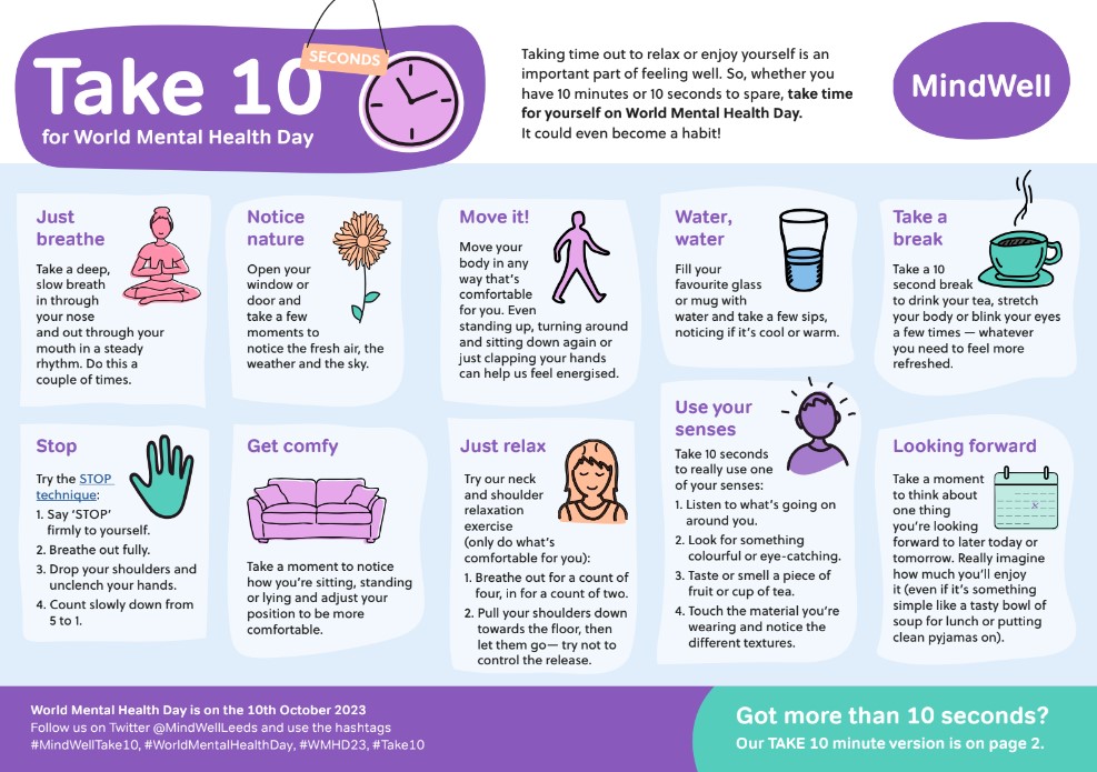MindWellLeeds's tweet photo. Try our #MindWellTake10 ideas to help you take 10 seconds or 10 minutes to help you feel better. Website version: https://t.co/khTJHb4JI5 PDF to download: https://t.co/n2QDRukfHp https://t.co/07ZLFJI2Mk