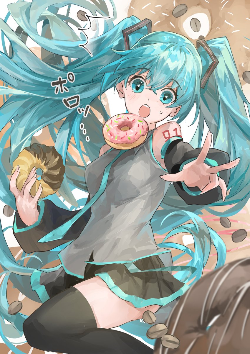 hatsune miku 1girl doughnut food long hair skirt twintails thighhighs  illustration images