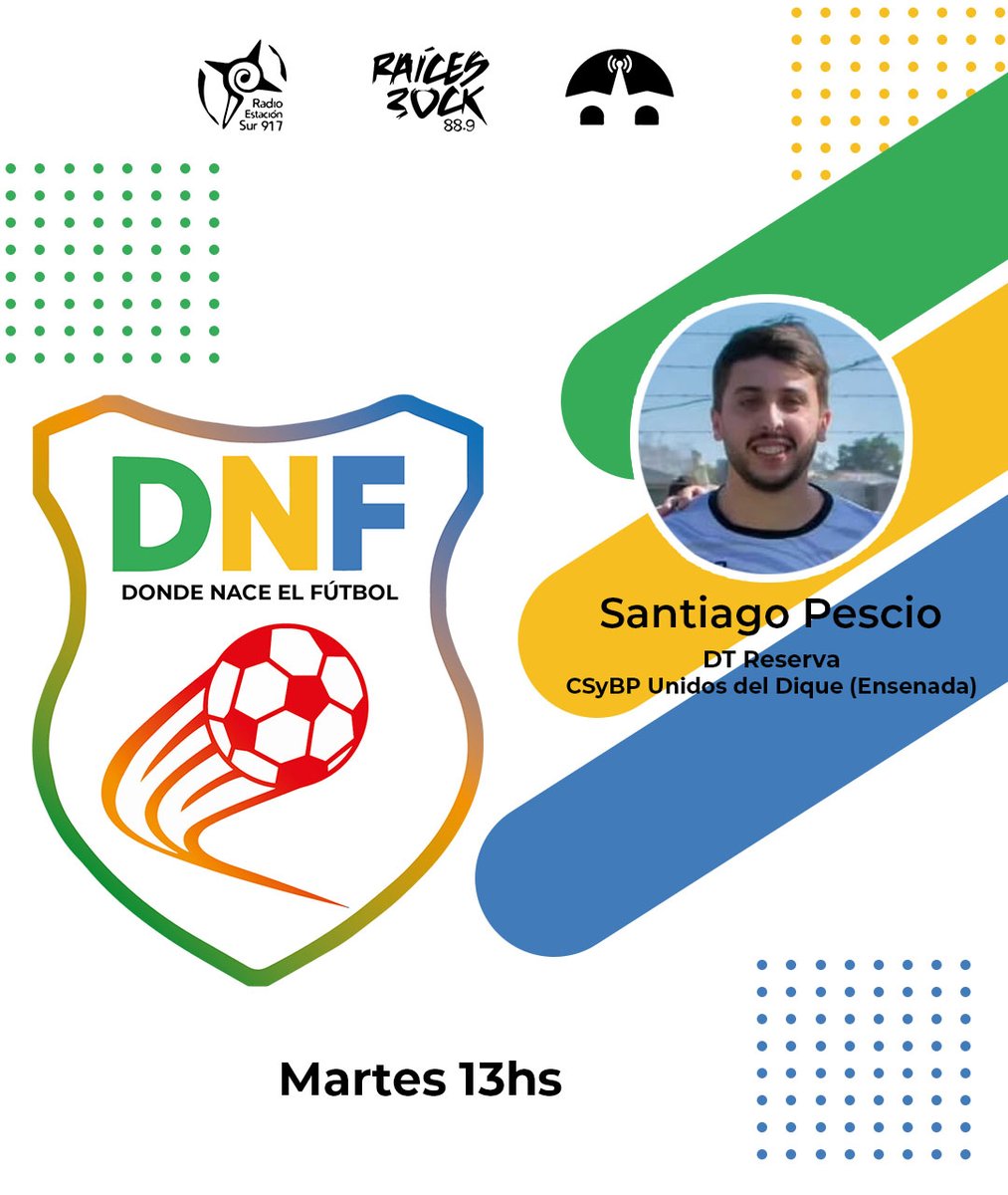 ⚽ DONDE NACE EL FÚTBOL ⚽ 

Hoy charlamos con Santiago Pescio, DT Reserva CSyBP Unidos del Dique (Ensenada)

Todo el fútbol de la Liga Amateur Platense.  Martes y jueves 13hs Red de radios comunitarias: <a href="/fmraicesrock/">FM Raíces Rock</a> 
<a href="/EstacionSur917/">Radio Estación Sur</a> #radiotrinchera