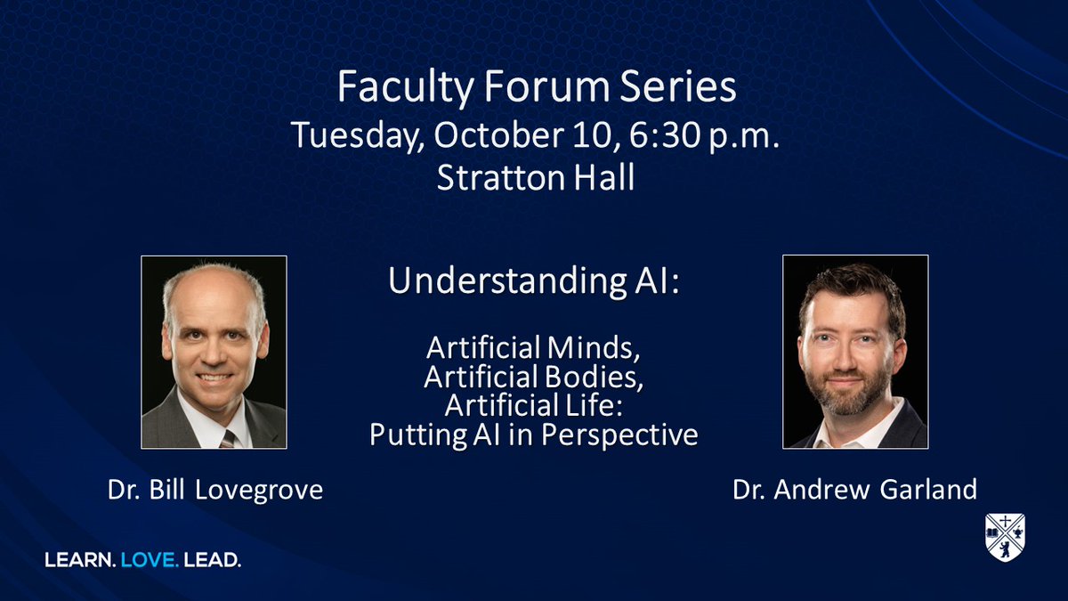 BJU_PR's tweet photo. The community is invited to attend a Faculty Forum on the capabilities and limitations of artificial intelligence led by Dr. Bill Lovegrove and Dr. Andrew Garland tonight, Oct. 10, at 6:30 p.m. in Stratton Hall.
#FacultyForum #Discussion #AI #bjuedu https://t.co/Yi6tXCik3J