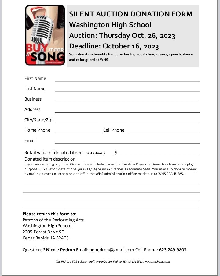 whsppa's tweet photo. WHS's annual Buy It For A Song has been moved to Wednesday, Nov 1st! This annual event will be held in the old gym at WHS, food, silent auction &amp; of course lots of entertainment by our students!  We are taking auction items now! Hope you can make it! #TheWarriorWay #CWR #BIFAS https://t.co/7MscwxwSBx