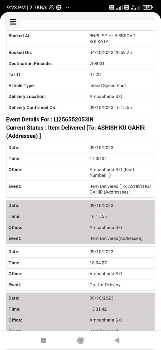 GahirAshish's tweet photo. @IndiaPostOffice, @Dhal128445Raju  Respected sir I didn't receive my article till today. i.e. 10.10.2023.But in my status it showed delivered on 9th Oct at 4.15.plz take action sir. https://t.co/idlYwFob0Z