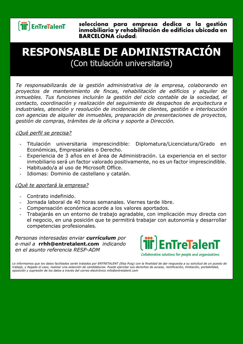 ENTRETALENT's tweet photo. ENTRETALENT selecciona RESPONSABLE DE #ADMINISTRACIÓN (con titulación universitaria) para empresa dedica a gestión #inmobiliaria y rehabilitación de edificios ubicada en #BARCELONA ciudad. #finanzas #contable  #inmobiliaria #gestióninmobiliaria #empleo #feina #trabajo https://t.co/fl5x0mkvKm