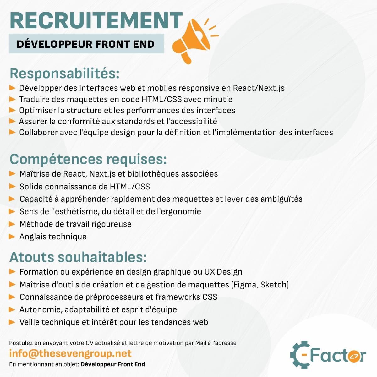 SevenGPS (@sevengps1) on Twitter photo 📢 OFFRE D'EMPLOI : DÉVELOPPEUR FRONT END
Vous êtes passionné par la création d'expériences utilisateur exceptionnelles ? Rejoignez notre jeune et talentueuse équipe en tant que Développeur Front End.
Envoyez votre CV et votre Lettre de Motivation ici👉 info@thesevengroup.net 📢 OFFRE D'EMPLOI : DÉVELOPPEUR FRONT END
Vous êtes passionné par la création d'expériences utilisateur exceptionnelles ? Rejoignez notre jeune et talentueuse équipe en tant que Développeur Front End.
Envoyez votre CV et votre Lettre de Motivation ici👉 info@thesevengroup.net