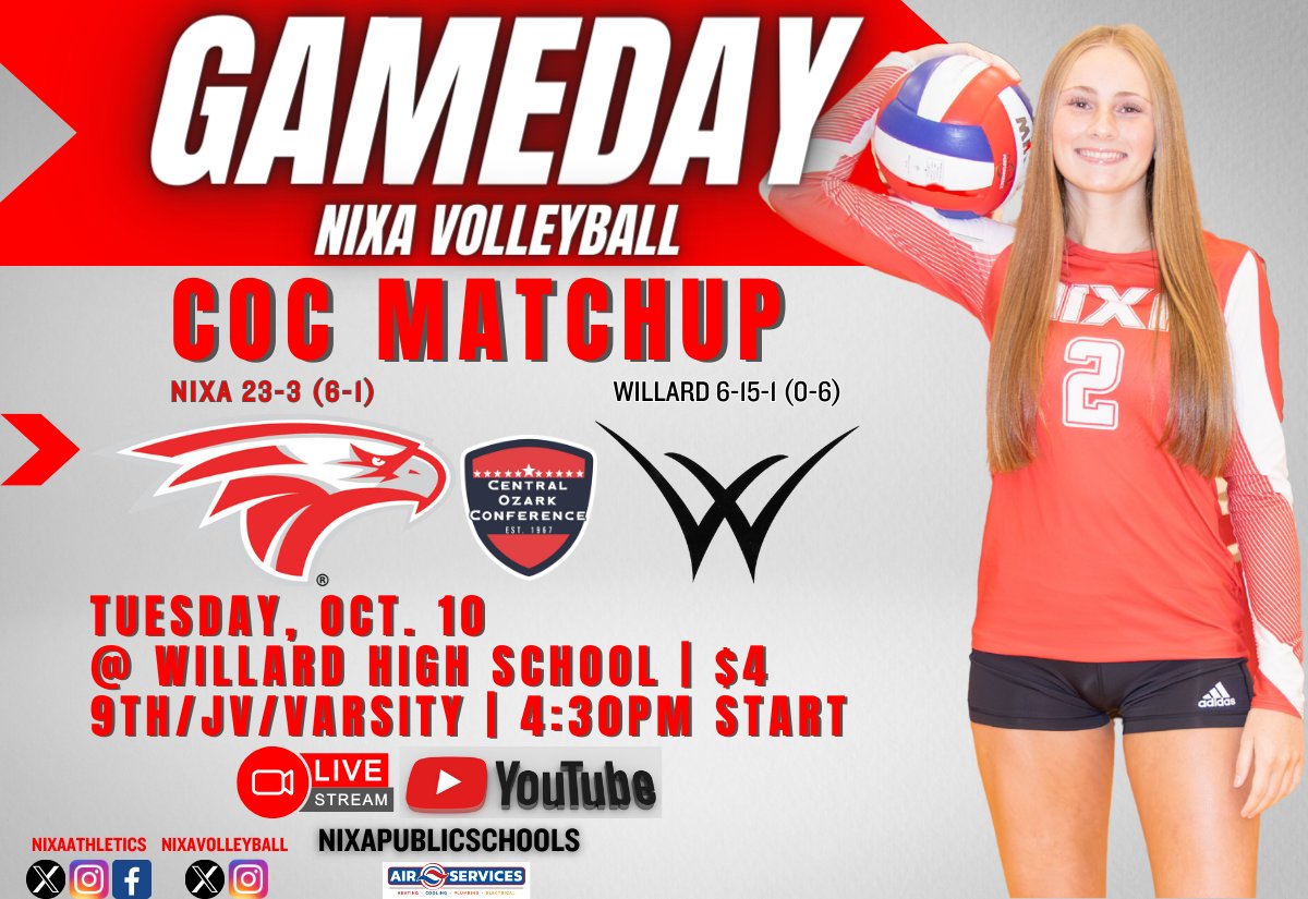 🏐 #GAMEDAY 🏐

<a href="/NixaVolleyball/">Nixa Volleyball</a> is on the road for a COC matchup.

🆚 Willard
⏰ Game Times: 4:30pm (9th), 5:30pm (JV), 7pm (V)
📍 Location: Willard HS
🎟️ Admission $4 (adults) | $2 (students)
📺 YouTube Live Stream Link: youtube.com/playlist?list=…

Good luck tonight, girls! 🦅
