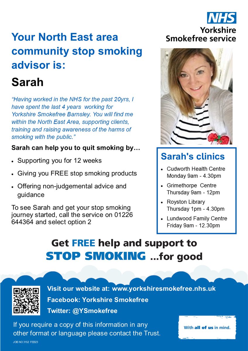 North East Area Team (@nebarnsley) on Twitter photo Get FREE help and support to Stop Smoking for good!
To speak to Sarah your local community stop smoking advisor please call 01226 644364 and select option 2 #stopsmokingtoday #stopsmoking #smokefree #NorthEastArea #Cudworth #MonkBretton #NorthEast #Royston <a href="/YSmokefree/">NHS Yorkshire Smokefree</a> Get FREE help and support to Stop Smoking for good!
To speak to Sarah your local community stop smoking advisor please call 01226 644364 and select option 2 #stopsmokingtoday #stopsmoking #smokefree #NorthEastArea #Cudworth #MonkBretton #NorthEast #Royston <a href="/YSmokefree/">NHS Yorkshire Smokefree</a>