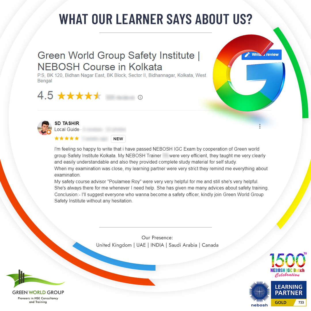 #GreenWorldGroup #learnersreview
Here's another success story from one of our esteemed learners, Mr. Tashir SD. He recently completed our #NEBOSHIGC training in #kolkata and provided us with an exceptional 5-star review. 
#GreenWorldGroup #reviews #learnerreview #feedbackcustomer