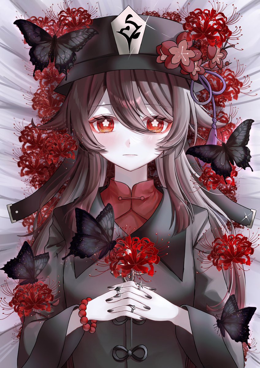 hu tao (genshin impact) 1girl flower bug butterfly hat red eyes symbol-shaped pupils  illustration images