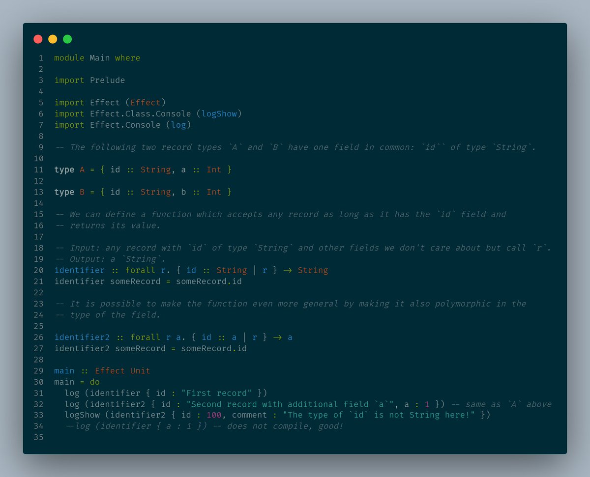 Savlambda's tweet image. Nominal records in PureScript can be combined with record polymorphism (technically row polymorphism). This is simple and "native", without the need for involved solutions to the #fsharp question below.
(Bits of #purescript)
