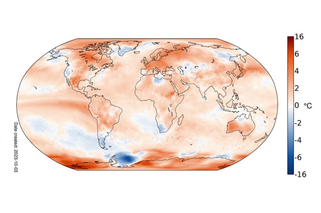 Der September 2023 war gemäss Copernicus-Service global seit 1940 der wärmste registrierte Monat. Die Temperatur lag etwa +1,75°C höher als das vorindustrielle Klimamittel 1850-1900. Mehr dazu im heutigen #Meteoblog bit.ly/3LVVssp . Bildquelle: Copernicus