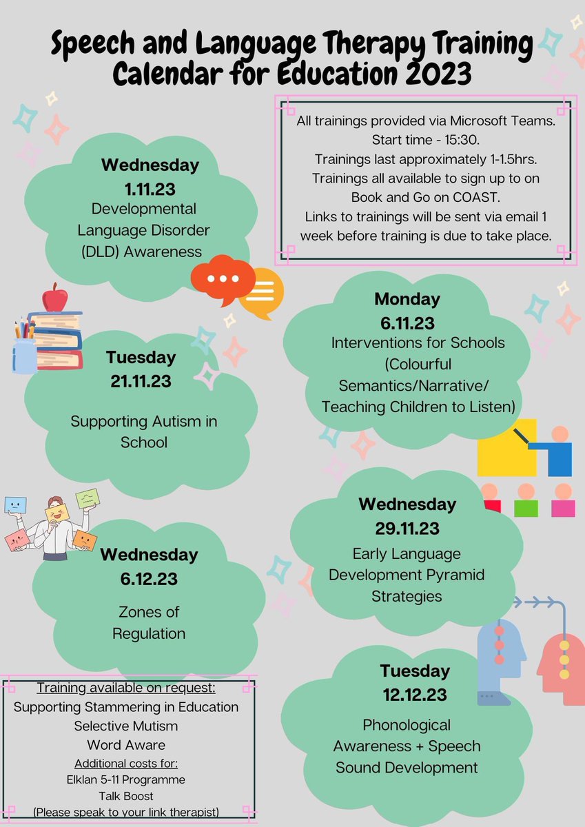 Attention South Ayrshire Education staff‼️ Our Speech and Language Therapy online training calendar for this term is now live. Suitable for education staff working in EYC and Primary. Sign up now 👦🏻👧🏽🗣️👂@weepeoplechat @AliGooding1 @SAC_Reads @lyndsaymcr @MrsCandlish_HT