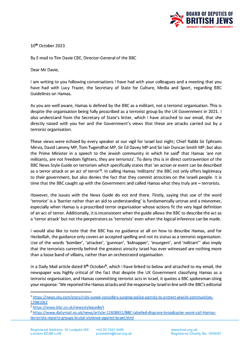 BoardofDeputies's tweet photo. President Marie van der Zyl has written to DG Tim Davie CBE stating her dismay at @BBCNews' refusal to use the word 'terrorist' to define Hamas. We are calling for an urgent review of BBC guidelines so that reporting is in line with UK Government Policy. Hamas are terrorists. https://t.co/r0xjJry6HN