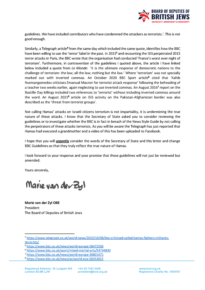 BoardofDeputies's tweet photo. President Marie van der Zyl has written to DG Tim Davie CBE stating her dismay at @BBCNews' refusal to use the word 'terrorist' to define Hamas. We are calling for an urgent review of BBC guidelines so that reporting is in line with UK Government Policy. Hamas are terrorists. https://t.co/r0xjJry6HN