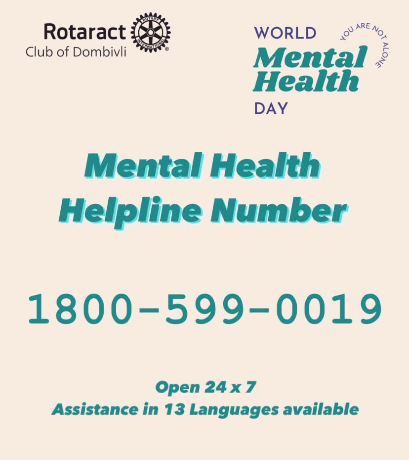 rcdombivli's tweet photo. 👬 You are not Alone 👫

Dial 1800-599-0019 for Mental Health Assistance 

#WorldMentalHealthDay https://t.co/v2RsVdiMmg