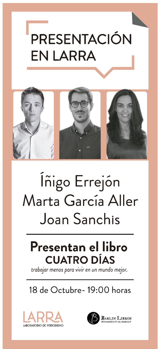 ¿Conoces las ventajas de trabajar 4 días a la semana? El día 18  a las 19:00 presentamos el libro "4 dias, trabajar menos para vivir en un mundo mejor" con su autor, <a href="/JoanSanchis/">Joan Sanchis (posting only in Bluesky & Mastodon)</a>, <a href="/ierrejon/">Íñigo Errejón</a> y <a href="/GarciaAller/">Marta G. Aller</a>. No te lo pierdas!
Te esperamos en C/Larra 12,Madrid #4dias #4dayweek