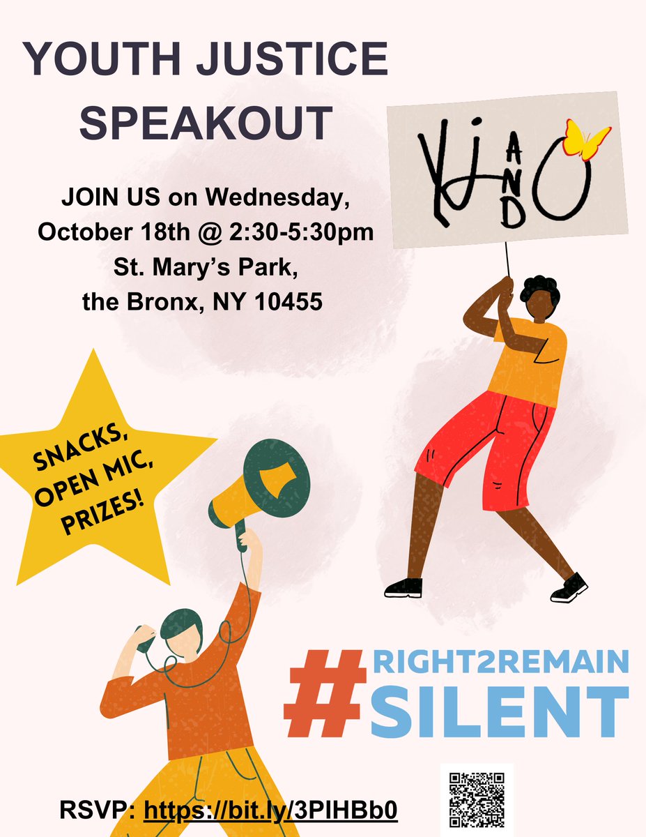 Gather4Justice's tweet photo. THIS WEDNESDAY October 18th from 2:30-5:30pm for a #YouthJustice Speakout! Celebrate #YJAM with partners of #Right2RemainSilent, YJ&amp;O, and community members alike!

RSVP here: https://t.co/iXNZFCvTdj

Follow @Right2RemainSi1 for more https://t.co/J05flvotfV
