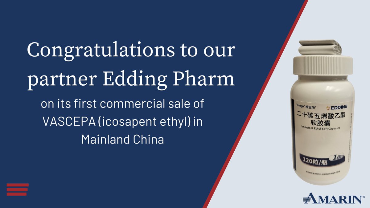 Amarincorp's tweet photo. Today, Amarin congratulates its partner Edding Pharm on its first commercial sale of VASCEPA (icosapent ethyl) in Mainland China. This marks another important step in the effort to ensure access to this novel treatment for patients across that country. https://t.co/94hAfPzkAK