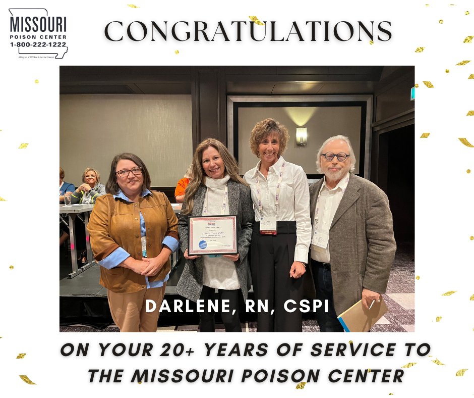 mopoisoncenter's tweet photo. This year at our national conference #NACCT we were able to celebrate one of our nurses and her 20+ years at the Missouri Poison Center. Congrats Darlene! https://t.co/SA0YArU2i6