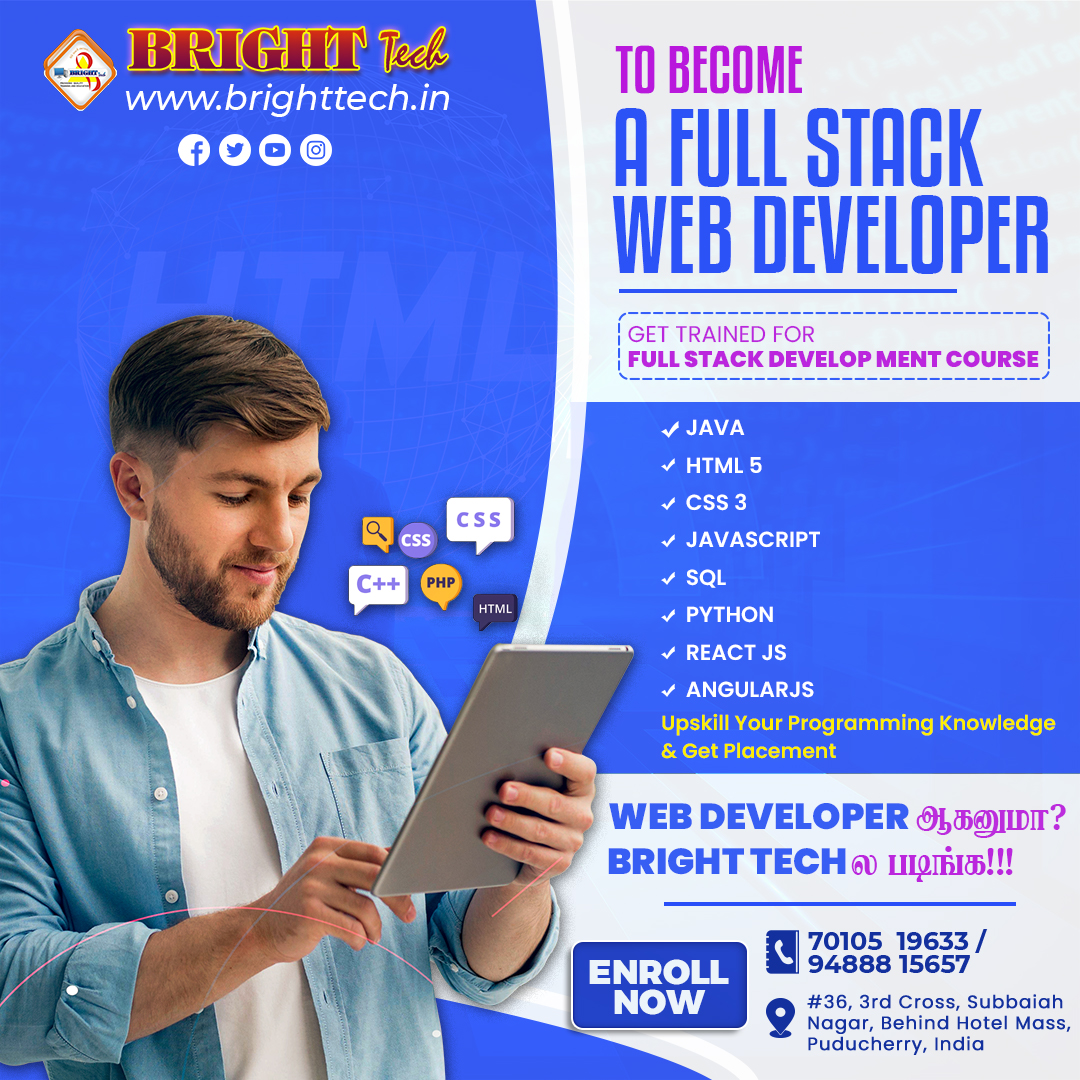 BrightTechPdy's tweet image. Join our Web Developer course to become a Full Stack Developer.
From Java to React JS, we've got you covered.
Uplift Your Career in IT Industry.
☎️ 094888 15657
#fullstackdeveloper #FullStackDeveloperCourse #css #html #javascript #programming #coding #backend #Puducherry