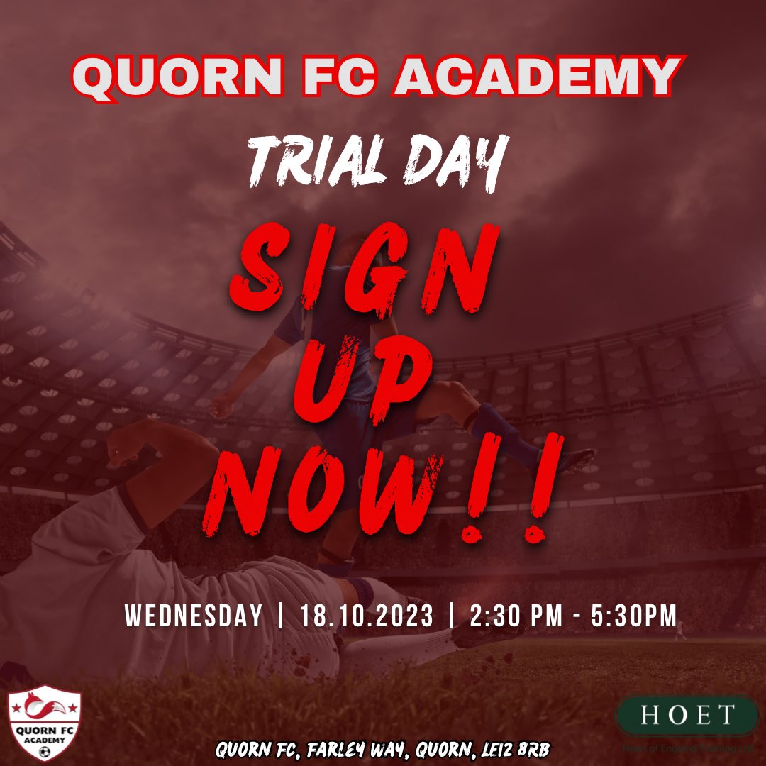 QUORN ACADEMY TRIAL DAY! ⚽️

18.10.23 | 2:30PM - 5:30PM
Farley Way, Quorn, Loughborough, LE12 8RB. 

Please make sure you sign up if you are currently in Year 11 or 12 and want to study while playing football when you leave school ✍️

Link - hoet.co.uk/quorn-fc-acade…