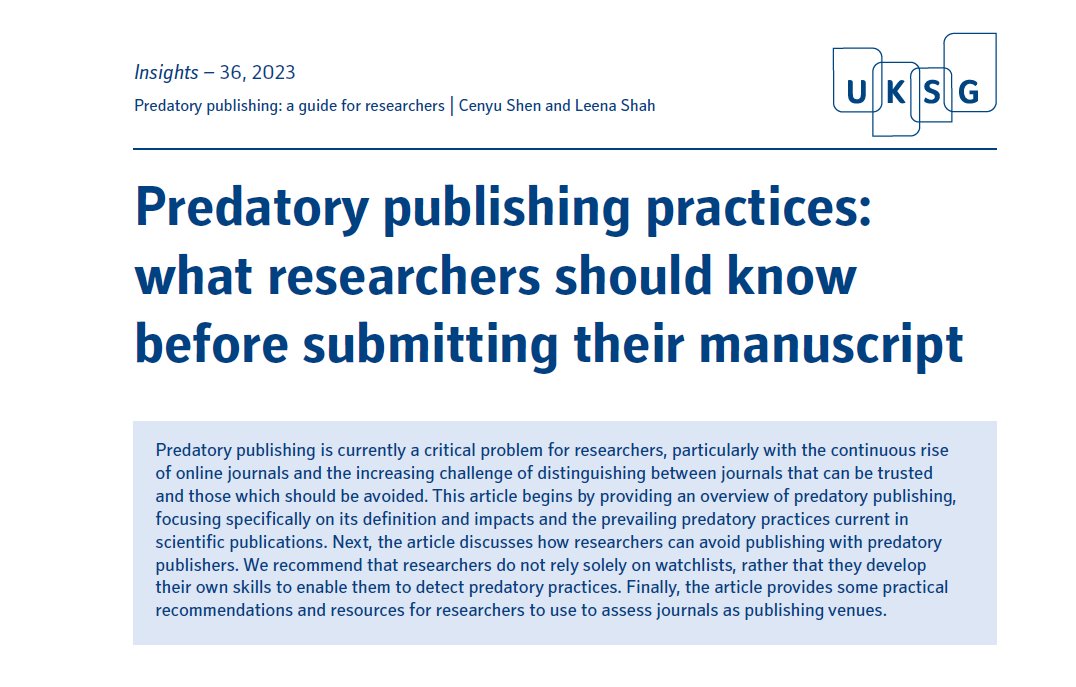 UKSG's tweet photo. The latest from #UKSGInsights, Cenyu Shen and Leena Shah from @DOAJplus writing about predatory publishing (includes a shout out to @thinkchecksub) https://t.co/c2AED34azZ https://t.co/ahYhgtadb9