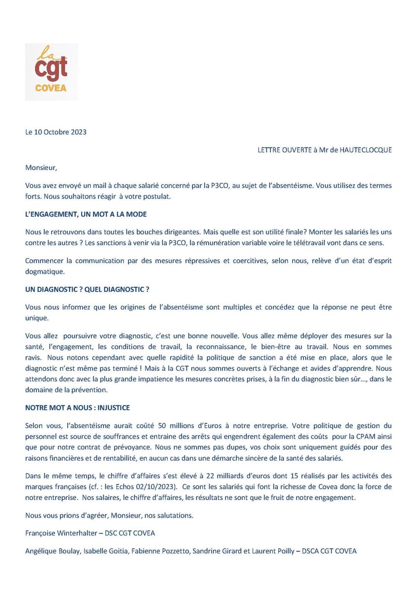 LaCGTMaaf's tweet photo. Lettre ouverte à Amaury de Hautecloque, suite au courriel reçu par chaque salarié.e concerné.e par la P3CO
Une sanction de l'absentéisme au detriment de la prévention https://t.co/GUGW0eycWl