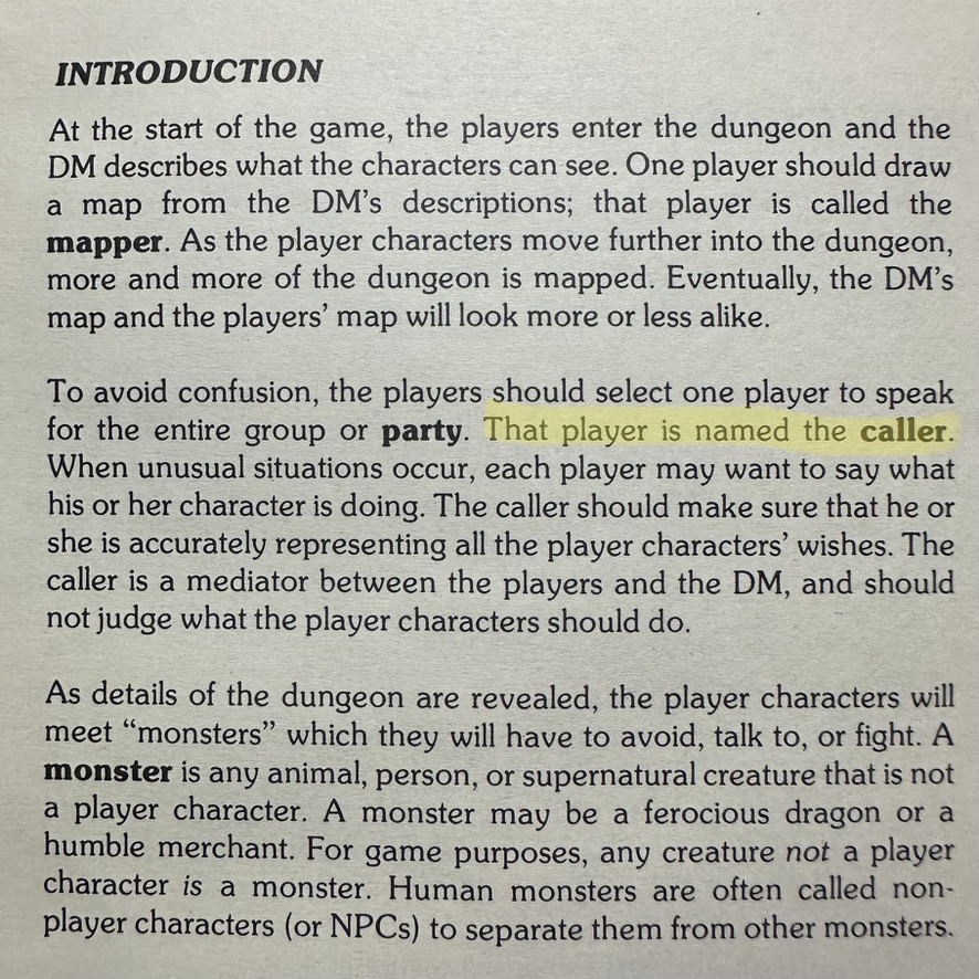 WyvernBladeG's tweet photo. How many gamers, especially OSR B/X gamers, use a "caller?" I'm in a conversational gaming group (one of us would LOVE being the caller. No names). Replies most welcome. #DnDrules #MoldvayBasic @TheBasicExpert1 @elvenmaidinn @relicstargames 

(Image from D&amp;D Moldvay Basic) https://t.co/Qstf5wOQSI
