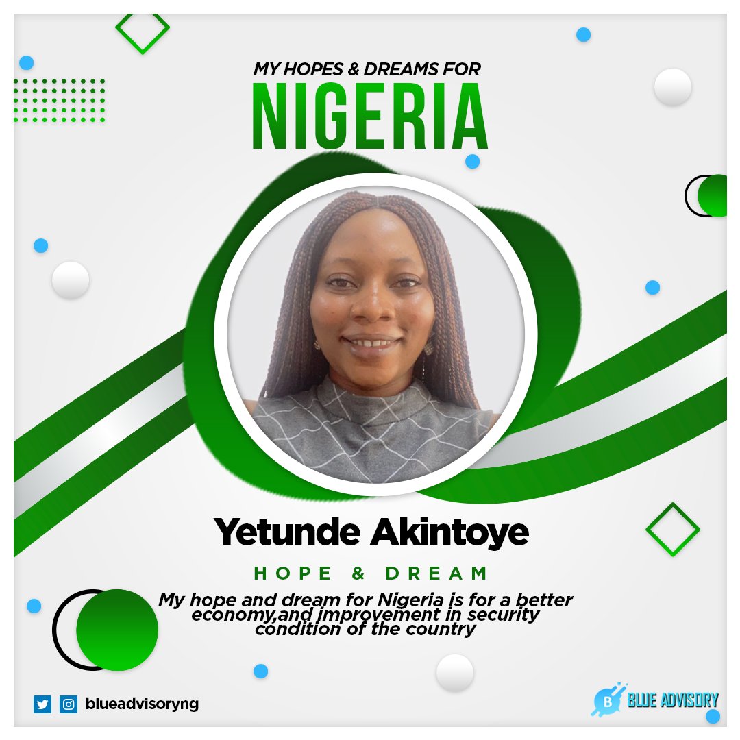 Blueadvisoryng's tweet photo. In the course of October, Blue Advisory proudly observes Nigeria's 63rd year of independence.

One of our team members, Yetunde, shares her aspirations for the future of Nigeria. https://t.co/ID4jKaWCIR