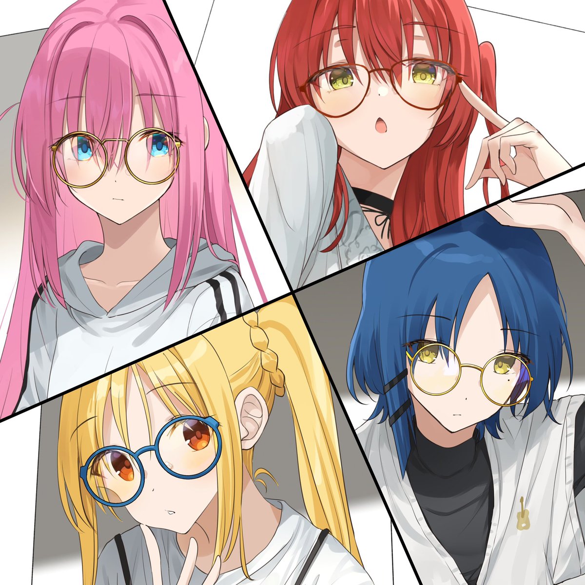 gotou hitori ,ijichi nijika multiple girls 4girls glasses pink hair blonde hair blue hair yellow eyes  illustration images